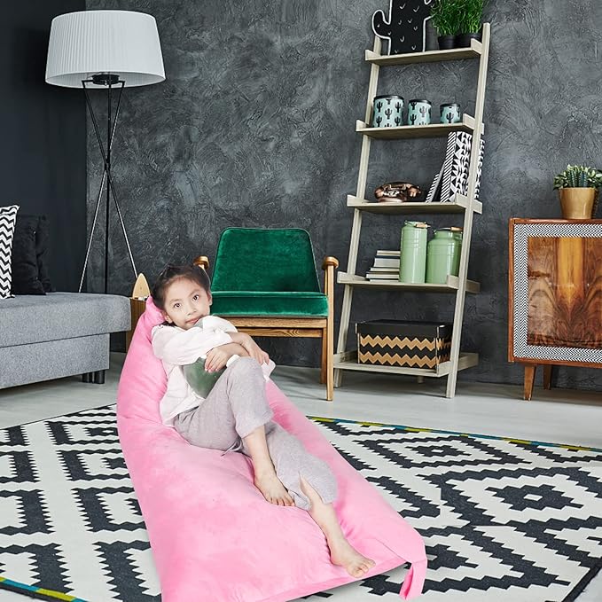 Stuffed Animal Storage Bean Bag Chair Cover, Velvet Pink Plush Toy Storage Stuff and Sit Seat Organizer for Kids/Teens/Adults, 52" x 31" Extra Large Triangle Floor Sofa, 200L/52Gal,Cover Only