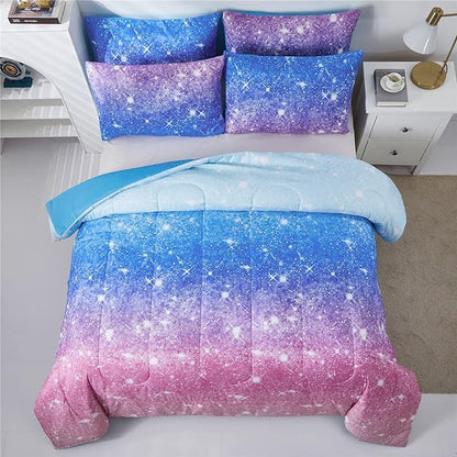 Rainbow Glitter Comforter Set Twin Size for Girls, Sparkle Galaxy Twinkle Starlight Comforter for Kids,2 Piece Aqua Blue Purple Pink Ombre Pastel Bedding Set with 1 Pillow Case(Rainbow,Twin)
