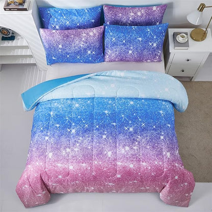 Rainbow Glitter Comforter Set Full/Queen Size for Girls, Sparkle Galaxy Twinkle StarlightTeen,3pc Aqua Blue Purple Pink Ombre Pastel Bedding with 2 Pillow Cases(Rainbow,Queen), Queen(3-Piece)