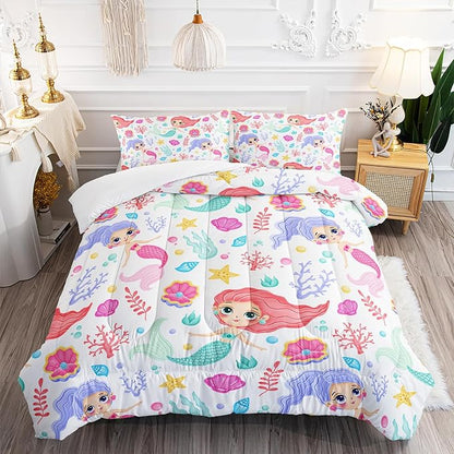 Mermaid Comforter Set Full Size Fairy Tale Sea Shell Grass Bedding Set Starfish Quilt Bed Set for Kid Girls with 1 Comforter and 2 Pillowcases