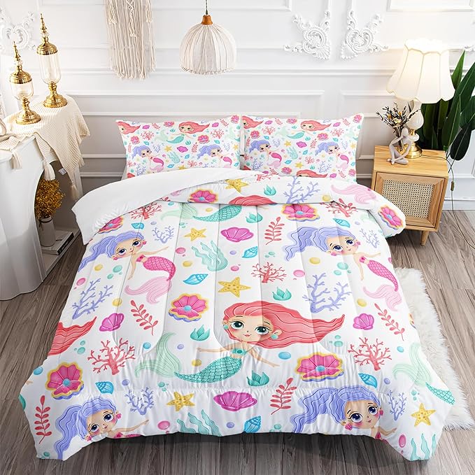 Mermaid Comforter Set Queen Size Fairy Tale Sea Shell Grass Bedding Set Starfish Quilt Bed Set for Kid Girls with 1 Comforter and 2 Pillowcases