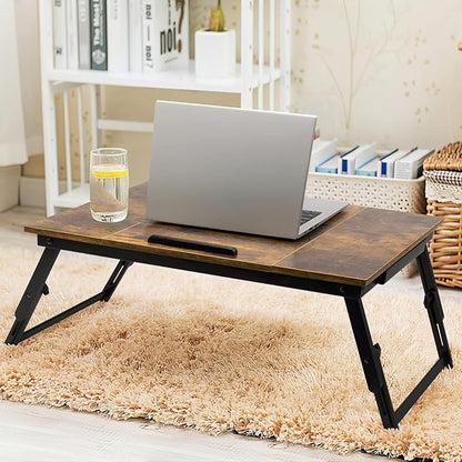 Bamboo Laptop Desk Bed Tray Table Adjustable Table for Computer Tilting Top Foldable Leg with Drawer