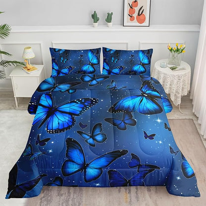 Datura home Blue Butterfly Comforter Set for Girls Women,Bright Blue Butterflies in Blue Sky with Stars Printed Bedding Set with 2 Pillowcases(Butterfly Blue Twin)