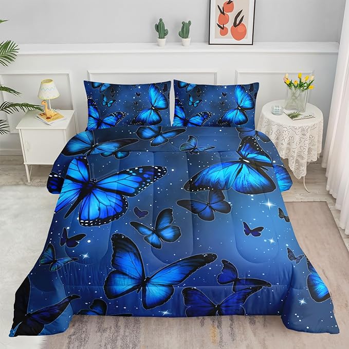 Datura home Blue Butterfly Comforter Set for Girls Women,Bright Blue Butterflies in Blue Sky with Stars Printed Bedding Set with 2 Pillowcases(Butterfly Blue Queen)