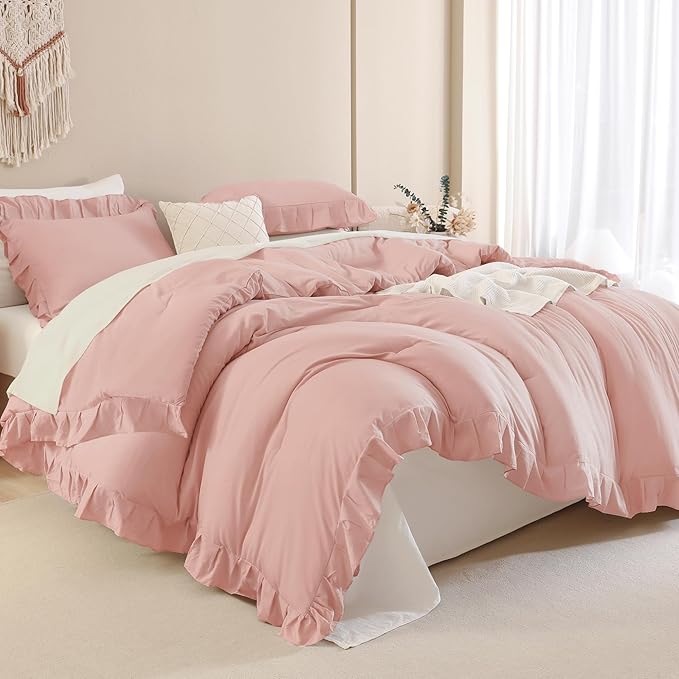 Andency Blush Pink California King Comforter Set, 3 Pieces Oversized Farmhouse Shabby Chic Bed Ruffle Comforter, Cal King Lightweight Soft Microfiber Bedding Set