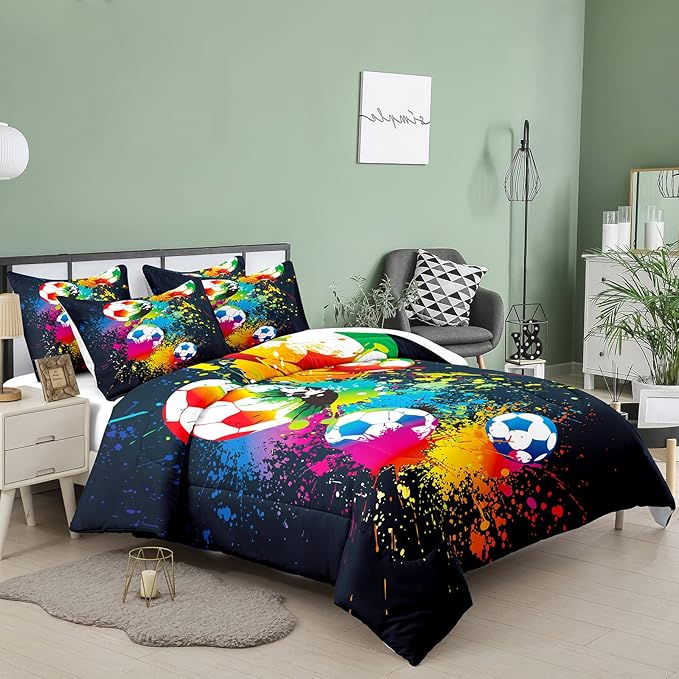 Bodhi Boys Teen Comforter Set Queen,Soccer Comforter Set Queen,Boys Sports Comforter Set Queen,Rainbow Graffiti Football Bedding Set for Boys,Kids,Teens with Matching Pillowcases