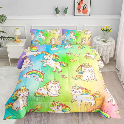 Datura home Kids Unicorn Comforter Set for Girls Boys,Kawaii Rainbow Unicorn Printed Pattern Rainbow Kawaii Bedding Set with 2 Pillowcases(Rainbow Unicorn Queen)