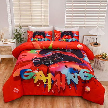 Aimuan Gaming Comforter Sets for Boys Kids Bedding Sets Video Games Console Action Buttons Novelty Colorful Game Gamepad Controller Modern Gamer Room Decor Home Quilt Set (Full, Red)