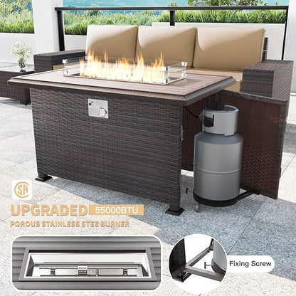 Kullavik 7 Pieces Outdoor Patio Furniture Set with 43" 55000BTU Gas Propane Fire Pit Table PE Wicker Rattan Sectional Sofa Patio Conversation Sets,Khaki