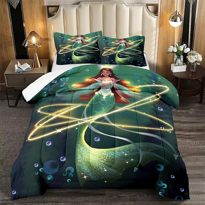 Mermaid Full Size Bedding Set Mermaid Bedding Full Bubble Mermaid Set for Girls Beautiful Mermaid Fairy Tale Bedding Set with 1 Comforter and 2 Pillowcases for Girls Bedroom Decor, Full Size