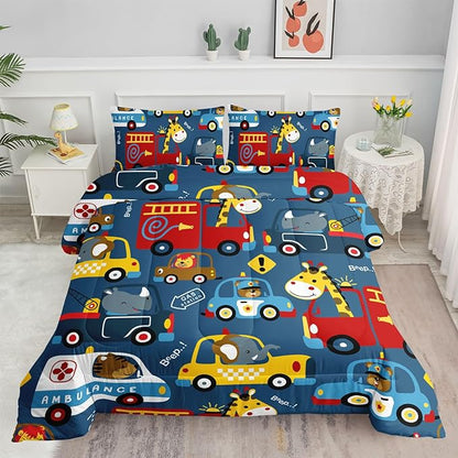 Datura home Kids Cartoon Car Comforter Set for Boys Kids Children,Transportation Car Police Car Kawaii Animals Printed Bedding Set with 1 Comforter, 2 Pillowcases(Cartoon Car Twin), Twin 68x86inches