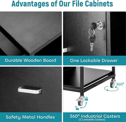 Lateral File Cabinet, 2 Drawer Mobile Filing Cabinet with Outlet, Open Storage Side Shelves, Locking Drawer Fits A4/Letter/Legal Size File Cabinets for Home Office, Black
