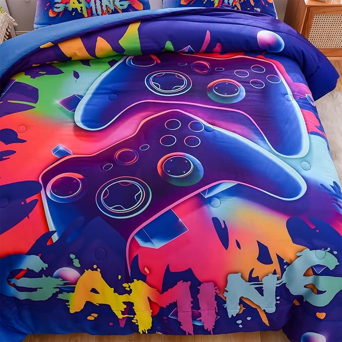 Aimuan Gaming Comforter Sets for Boys Kids Bedding Sets Video Games Console Action Buttons Novelty Colorful Game Gamepad Controller Modern Gamer Room Decor Home Quilt Set (Twin, Purple)