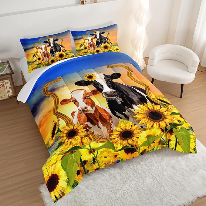 HOSIMA Animal Theme Bedding Set Bull and Cow Comforter with 2 Pillowcases,Sunflower King Size Comforter Set for Adults Teens Kids,Brown Cowhide Black White Cow Print Western Bedding Sets.