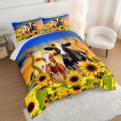 HOSIMA Animal Theme Bedding Set Bull and Cow Comforter with 2 Pillowcases,Sunflower Comforter Set for Adults Teens Kids,Brown Cowhide Black White Cow Print Western Bedding Sets Queen.