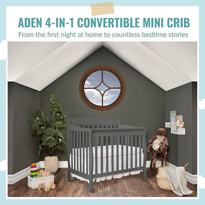 Aden 4-in-1 Convertible Mini Crib In Steel Grey, Greenguard Gold Certified, Non-Toxic Finish, New Zealand Pinewood, With 3 Mattress Height Settings