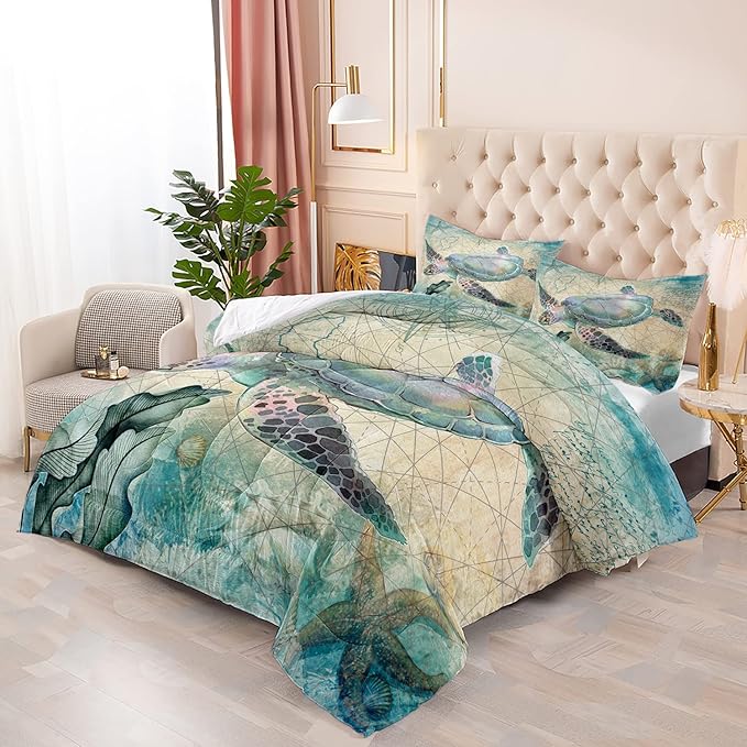 CVHOUSE Sea Turtle Comforter Set,Ocean Sea Turtle Bedding Set for Kids Teens,Ocean Sea Turtle Comforter Sea Turtle Duvet Set Room Decor Quilt Set Queen Size