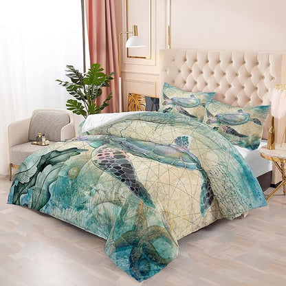 CVHOUSE Sea Turtle Comforter Set,Ocean Sea Turtle Bedding Set for Kids Teens,Ocean Sea Turtle Comforter Sea Turtle Duvet Set Room Decor Quilt Set Twin Size