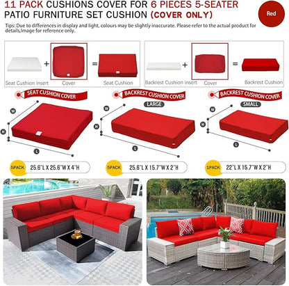 ClawsCover 11Pack Outdoor Seat and Back Cushions Replacement Covers Fit for 5-Seater 6Pieces Wicker Rattan Patio Furniture Conversation Set Sectional Couch Chairs,Red-Included Cover Only