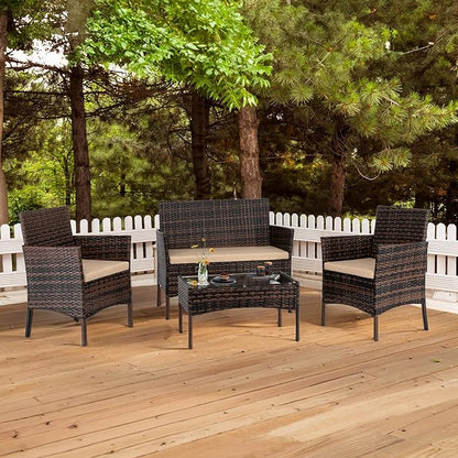 Outvita 4 Pieces Patio Furniture Set, Rattan Conversation Sets with Loveseat Soft Cushion and Glass Table for Garden Backyard Balcony Porch Poolside(Brown Gradient)