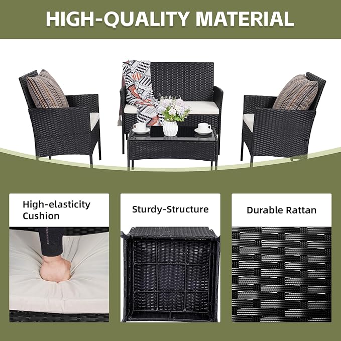 Patio Furniture Set 4 Pieces Conversation Sets Outdoor Wicker Rattan Chairs Garden Backyard Balcony Porch Poolside Loveseat with Soft Cushion and Tempered Glass Table(Black/Beige)