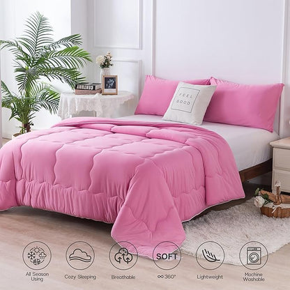 COTTEBED Rose Pink Comforter Queen Size, Jersey Knit T-Shirt Feel Ultra-Soft Cute Cozy Durable Lightweight Bedding Blanket Down Conforter Set and Pillowcase for Women Girl All Season Use Full/Queen