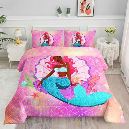 Datura home Bedding Comforter Set Black Girl Magic Mermaid Printed Pattern Quilt with 1 and 2 Pillowcases for Girls Bedroom All Season(Black Pink Queen) Queen 90x90inches