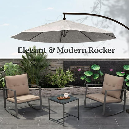 3 Piece Rocking Bistro Set - Synthetic Wicker Outdoor Furniture - Glass Coffee Table with 2 Chairs for Balcony, Patio & Porch - Black Metal, Soft Cushions (Coffee)