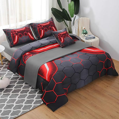 JQinHome Twin Gamer Comforter Set for Boys Girls Kids,6 Piece Bed in A Bag 3D Video Game Bedding -All Season Soft Microfiber Down Alternative Comforter Gamer Bedding Sets with Sheets （Red）