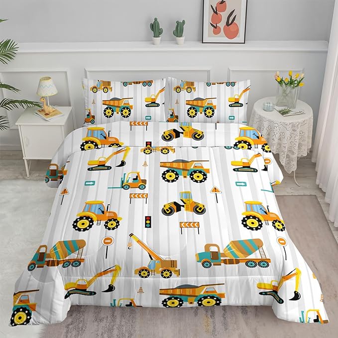 Axolotl Yellow Excavator Comforter Set Twin Size,Cartoon Excavator Bedding Set,Kids Machinery Truck Comforte Set,White Stripe Bedding Vehicle Car Decor for Kids Boys Teens,1 Quilt 2 Pillowcases