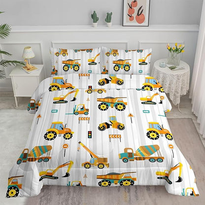 Axolotl Yellow Excavator Comforter Set Twin Size,Cartoon Excavator Bedding Set,Kids Machinery Truck Comforte Set,White Stripe Bedding Vehicle Car Decor for Kids Boys Teens,1 Quilt 2 Pillowcases