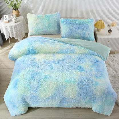 WINLIFE Shaggy Bedding Comforter Set Faux Fur Flannel Furry Comforter Long Hair Fluffy Plush Comforter Sets Ombre Blue Aqua Teal Bedding for Girls Adults (3Pcs, Full, Mint Green)