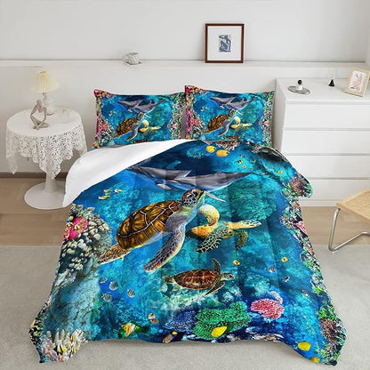 CVHOUSE Sea Turtle Comforter Set,Ocean Sea Turtle Bedding Set for Kids Teens,Ocean Sea Turtle Comforter Sea Turtle Duvet Set Room Decor Quilt Set Full Size