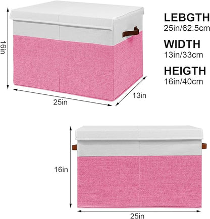 Large Toy Storage Box with Lid, Sturdy Toys Storage Chest Bin Organizer Basket with Dividers for Kids, Boys, Girls, Nursery, Closet, Bedroom, Playroom 25"x13" x16" (Pink and White)