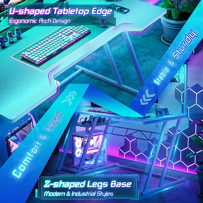 Gaming Computer Desk with Storage Shelves & Z-Shaped Legs, White Gaming Desk with Hutch and LED Lights, Reversible PC Gaming Desk with Pegboard for Bedroom & Small Spaces, Carbon Fiber Surface, 47''