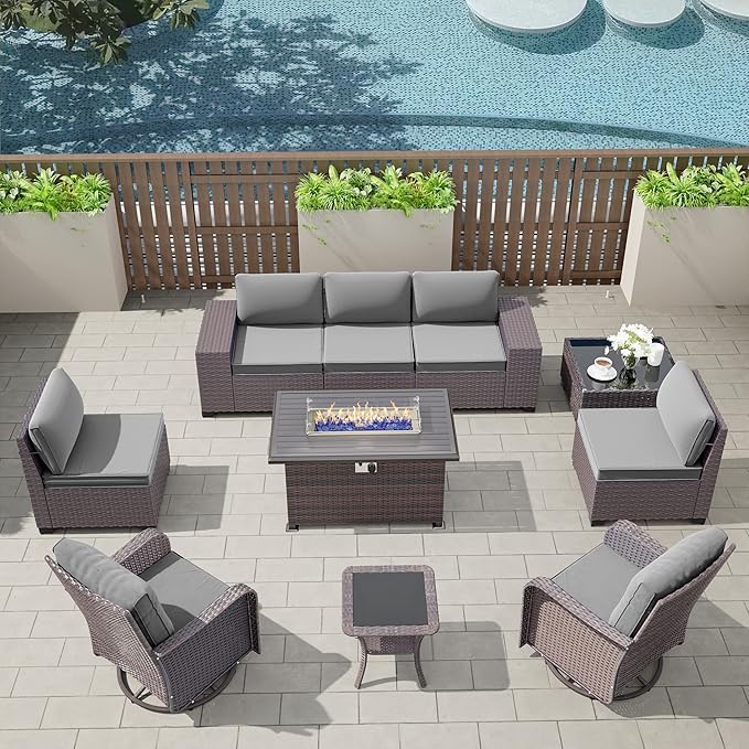 Kullavik 10PCS Outdoor Patio Furniture Set,PE Wicker Rattan Sectional Sofa Patio Conversation Sets with 43" 55000BTU Gas Propane Fire Pit Table,Swivel Rocking Chairs Set,Grey