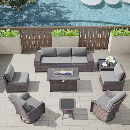 Kullavik 10PCS Outdoor Patio Furniture Set,PE Wicker Rattan Sectional Sofa Patio Conversation Sets with 43" 55000BTU Gas Propane Fire Pit Table,Swivel Rocking Chairs Set,Grey