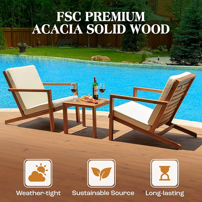 Eleve 400lbs Capacity Outdoor Set of 2 with Wooden Side Table, FSC Certified Acacia Wood Patio Furniture Set for Firepit Porch, Large, Slanted Backrest Club Chair