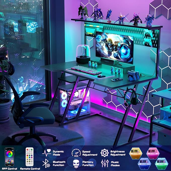 Gaming Computer Desk with Shelves and Outlets, Gaming Desk with Hutch and LED Lights, Reversible PC Gaming Desk with Pegboard, Carbon Fiber Black 47''