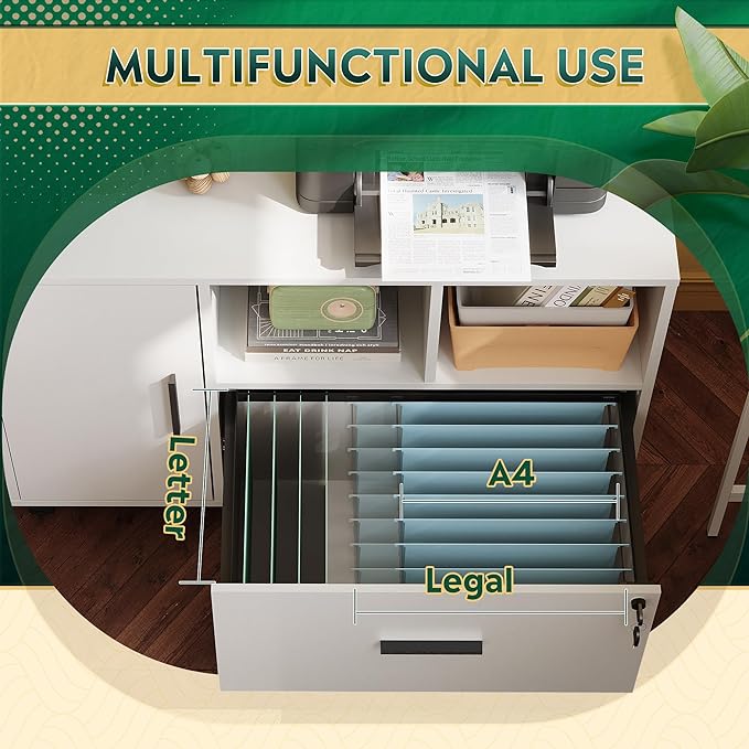 DEVAISE Office File Cabinet with Lock, 1-Drawer Wood Lateral Filing Cabinet on Wheels, Printer Stand with Open Storage Shelves for Home Office, White