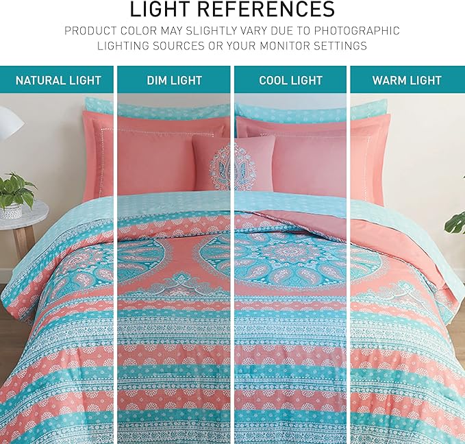 Degrees of Comfort Twin Bed in A Bag 6 Piece, Boho Mandala Bedding Sets for Girls, Coral Tween Bed Set, Microfiber Comforter Set with Sheet, Matching Decorative Pillow