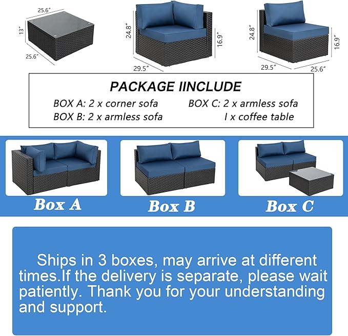 Shintenchi 7 Pieces Outdoor Patio Sectional Sofa Couch, Black Wicker Furniture Conversation Sets with Washable Cushions & Glass Coffee Table for Garden, Poolside, Backyard (Aegean Blue)