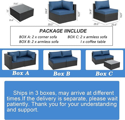 Shintenchi 7 Pieces Outdoor Patio Sectional Sofa Couch, Black Wicker Furniture Conversation Sets with Washable Cushions & Glass Coffee Table for Garden, Poolside, Backyard (Aegean Blue)
