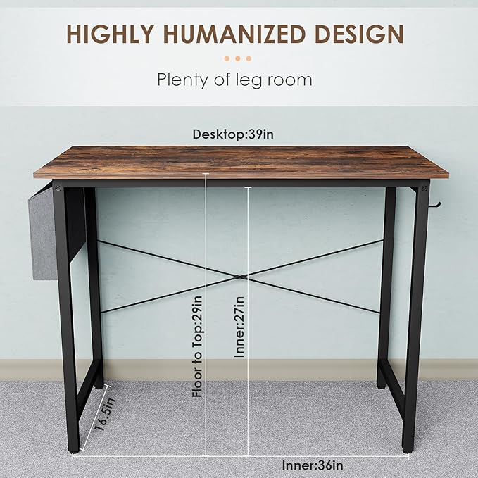 Small Computer Desk, 39 Inch Home Office Desks, Study Workstation PC Laptop Table with Storage Bag, Modern Simple Industrial Style Writing Desks