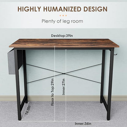 Small Computer Desk, 39 Inch Home Office Desks, Study Workstation PC Laptop Table with Storage Bag, Modern Simple Industrial Style Writing Desks