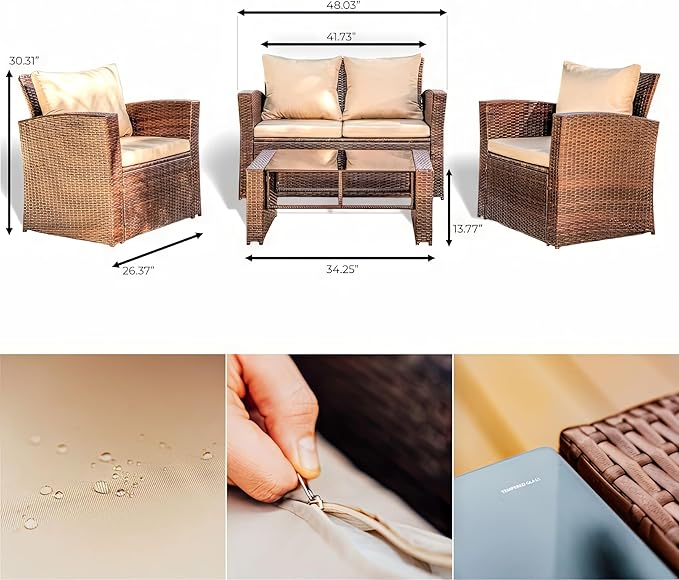 Nestl Wicker Outdoor Furniture Set - 4 Piece Patio Set (Brown/Beige)