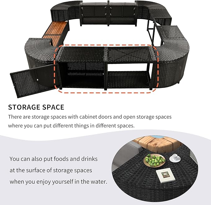 Outdoor Patio Furniture Set Spa Surround Quadrilateral Sofa with Wood Seatings, Rattan Sectional Couch w/Storage Space and Waterproof Cushions, for Yard Pool Backyard, Grey
