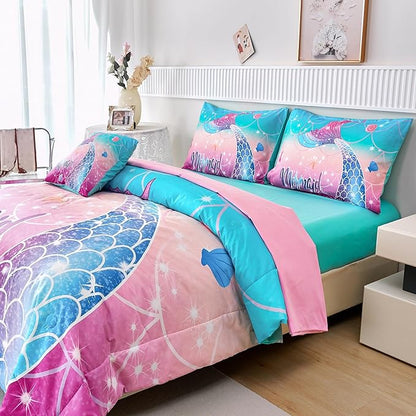 RYNGHIPY Kids Girls Comforter Set 6Pcs, Mermaid Bed in a Bag Full Size, Fish Tail Print Teens Girls Bedding Set, Rainbow Bedding Collections