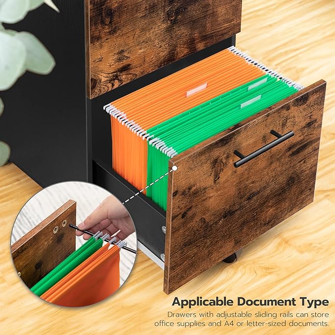 HOOBRO 2 Drawer Mobile File Cabinet, Rolling Printer Stand, Rolling Office Cabinet with 5 Wheels, Wooden Vertical Filing Cabinet fits A4/Letter Size for Home Office, Rustic Brown and Black BF03WJ01G1