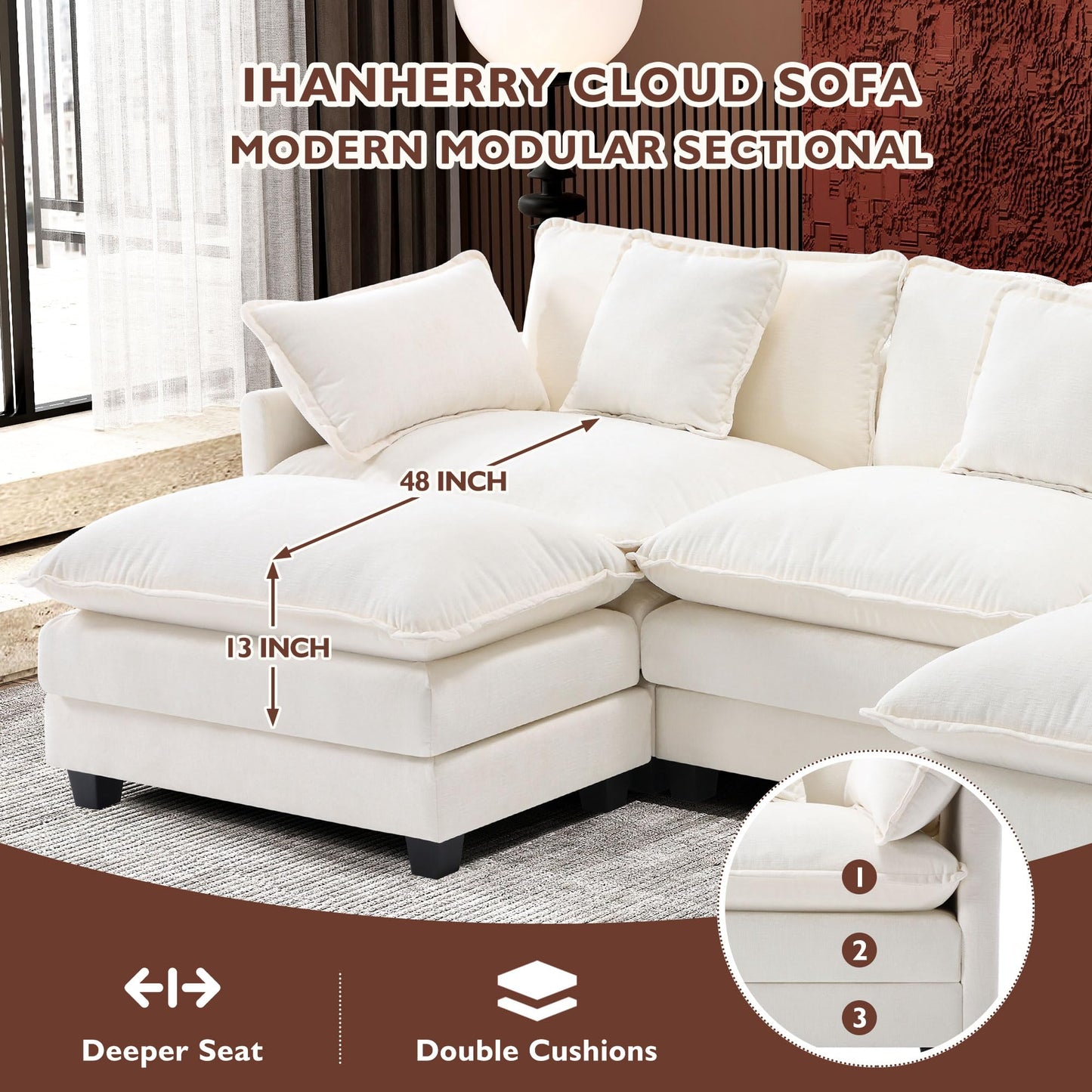 Ihanherry 111.4" L Shaped Modern Sofa Modular Sectional Cloud Couch with Ottoman, 4-Seat Chenille Deep Seat Sofa with Pillow for Living Room, Bedroom and Apartment, Beige